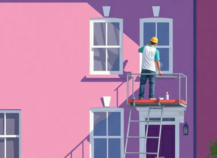 Peintre sur échafaudage traitant la façade d'une maison